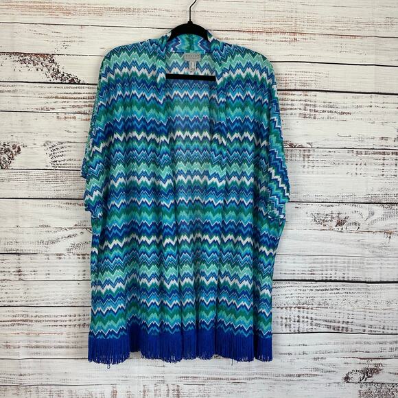 Women's Open Front Susan Graver Short Sleeve Blue Teal Stripe Kimono Fringe Sz M - Picture 1 of 7